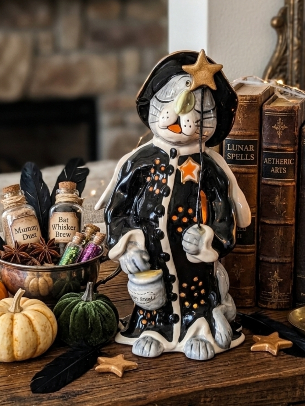 Blue Sky Charlie Cat Witch Ceramic Tea Light Signed Halloween